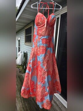 Hutch - 14W - Coral Floral Maxi Dress on Light Blue